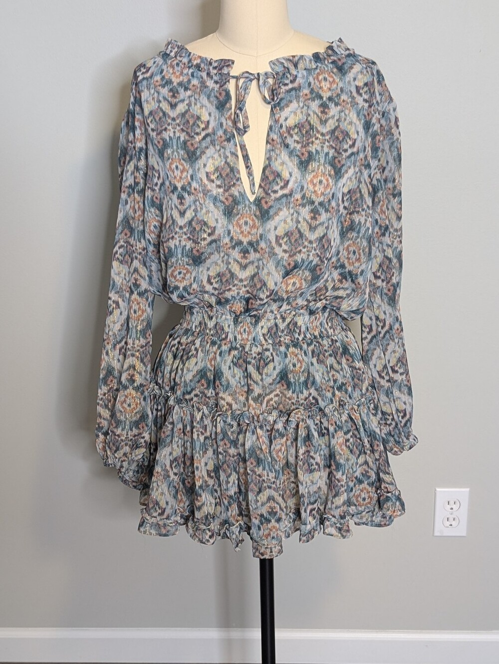 Sincerely Ours Freya Blue Multi-Print Ruffle‎ Mini Dress Size Small